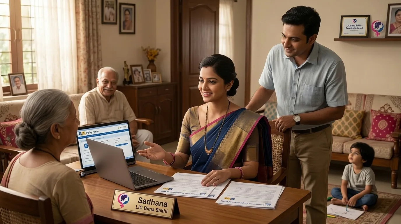 Married woman achieving financial freedom and career success through LIC Bima Sakhi