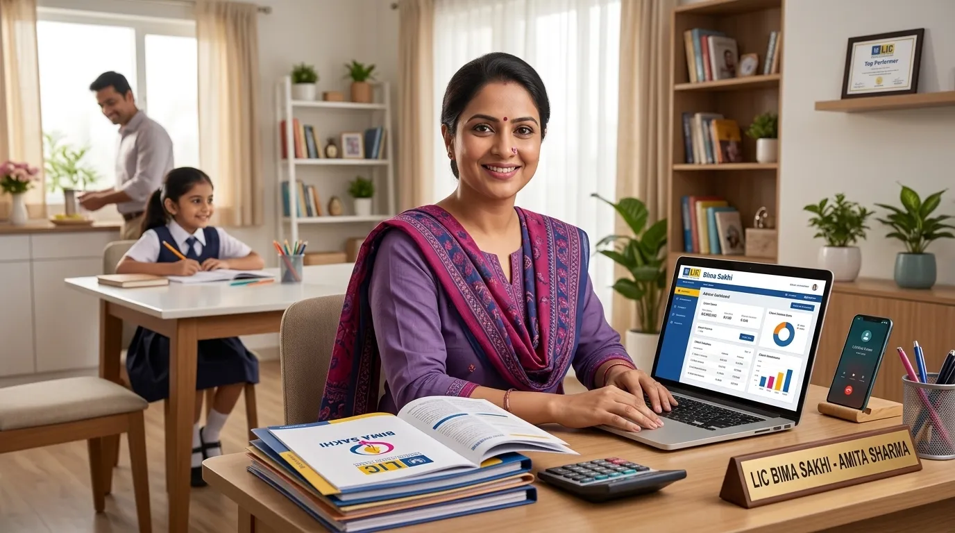 Indian housewife working from home as LIC Bima Sakhi advisor using laptop and policy documents