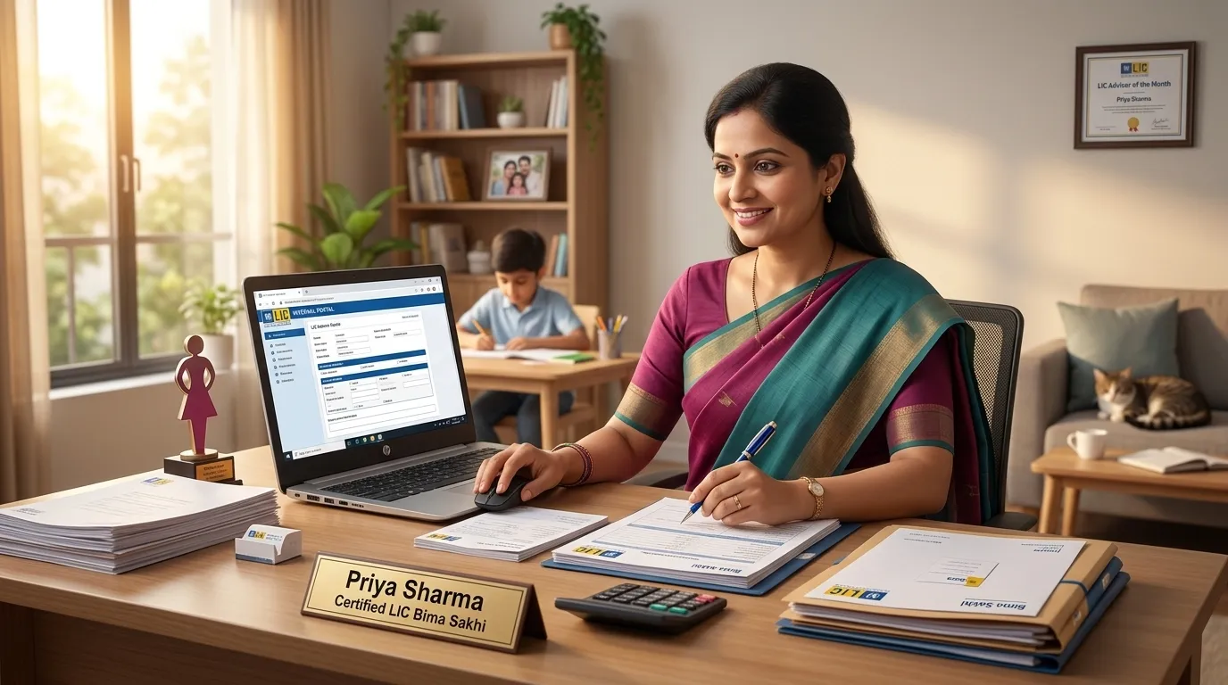 Modern Indian housewife building a professional career through LIC Bima Sakhi opportunity